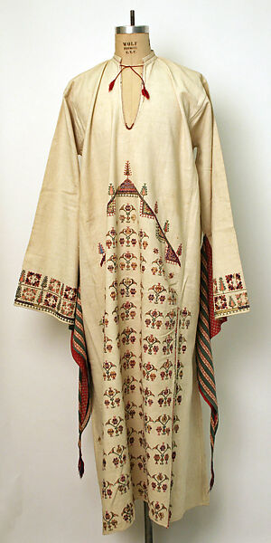 Festive Dress from Qalamun, Cotton, silk, metal wrapped thread; plain weave, block-printed, roll- printed, embroidered 