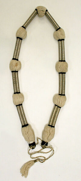 Ensemble, (a) wool, metal-wrapped thread; embroidered; (b) silk, cotton; (c) cotton, metal wrapped thread; (d) cotton; (e,f) leather; (g, h) metal; (i) amber, cotton