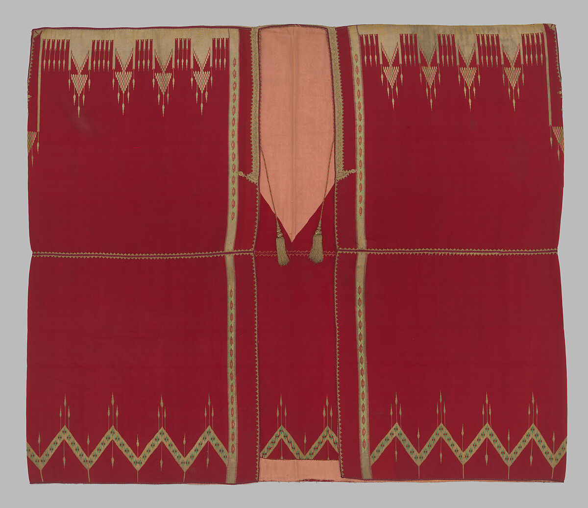 Abaya Cloak, Silk, cotton, and metal wrapped thread; slit-tapestry weave; plain weave; moiré; satin weave; embroidered