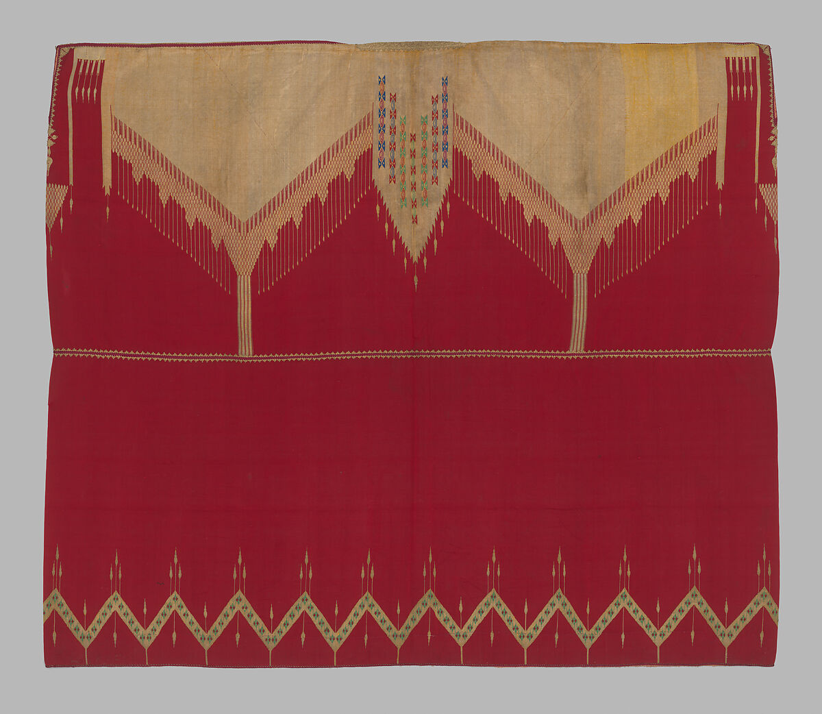 Abaya Cloak, Silk, cotton, and metal wrapped thread; slit-tapestry weave; plain weave; moiré; satin weave; embroidered