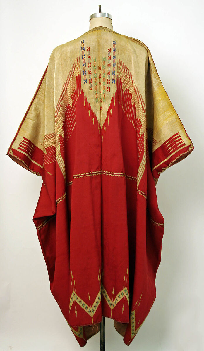 Abaya Cloak, Silk, cotton, and metal wrapped thread; slit-tapestry weave; plain weave; moiré; satin weave; embroidered