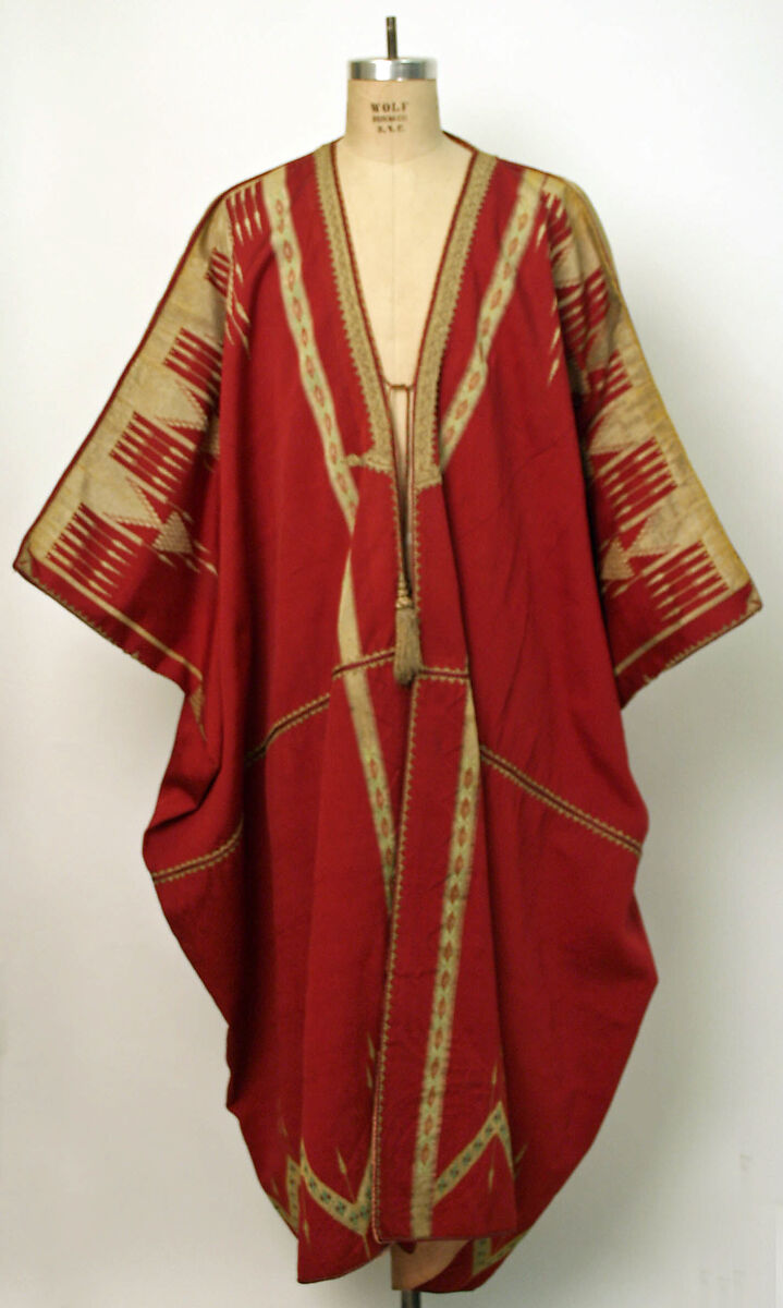Abaya Cloak, Silk, cotton, and metal wrapped thread; slit-tapestry weave; plain weave; moiré; satin weave; embroidered