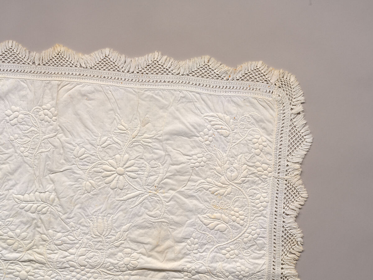 Stuffed and corded crib quilt, Linen, cotton: "whitework" stuffed and corded, probably English