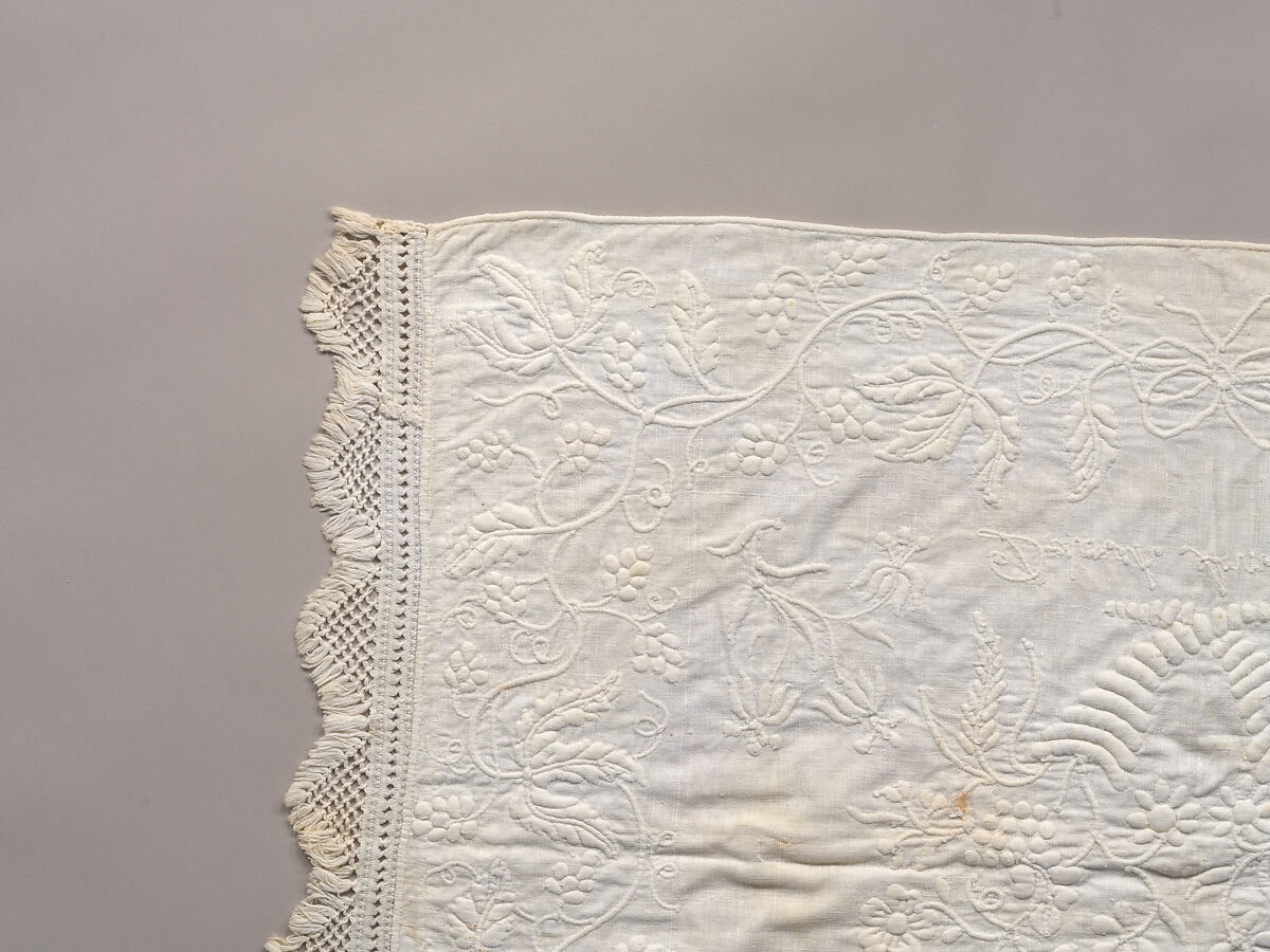 Stuffed and corded crib quilt, Linen, cotton: "whitework" stuffed and corded, probably English