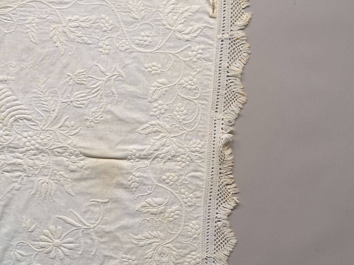 Stuffed and corded crib quilt, Linen, cotton: "whitework" stuffed and corded, probably English