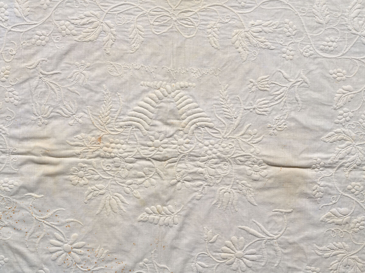 Stuffed and corded crib quilt, Linen, cotton: "whitework" stuffed and corded, probably English