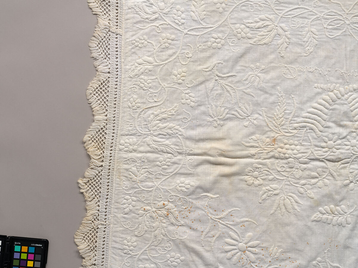 Stuffed and corded crib quilt, Linen, cotton: "whitework" stuffed and corded, probably English