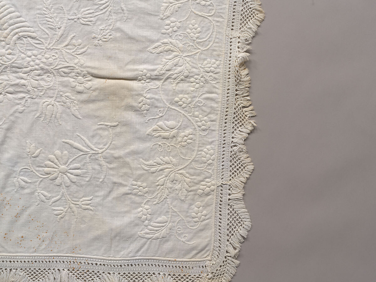 Stuffed and corded crib quilt, Linen, cotton: "whitework" stuffed and corded, probably English