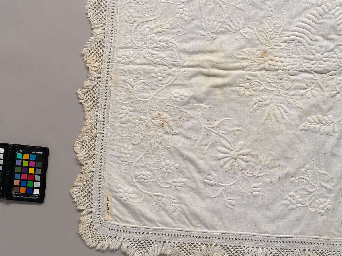 Stuffed and corded crib quilt, Linen, cotton: "whitework" stuffed and corded, probably English