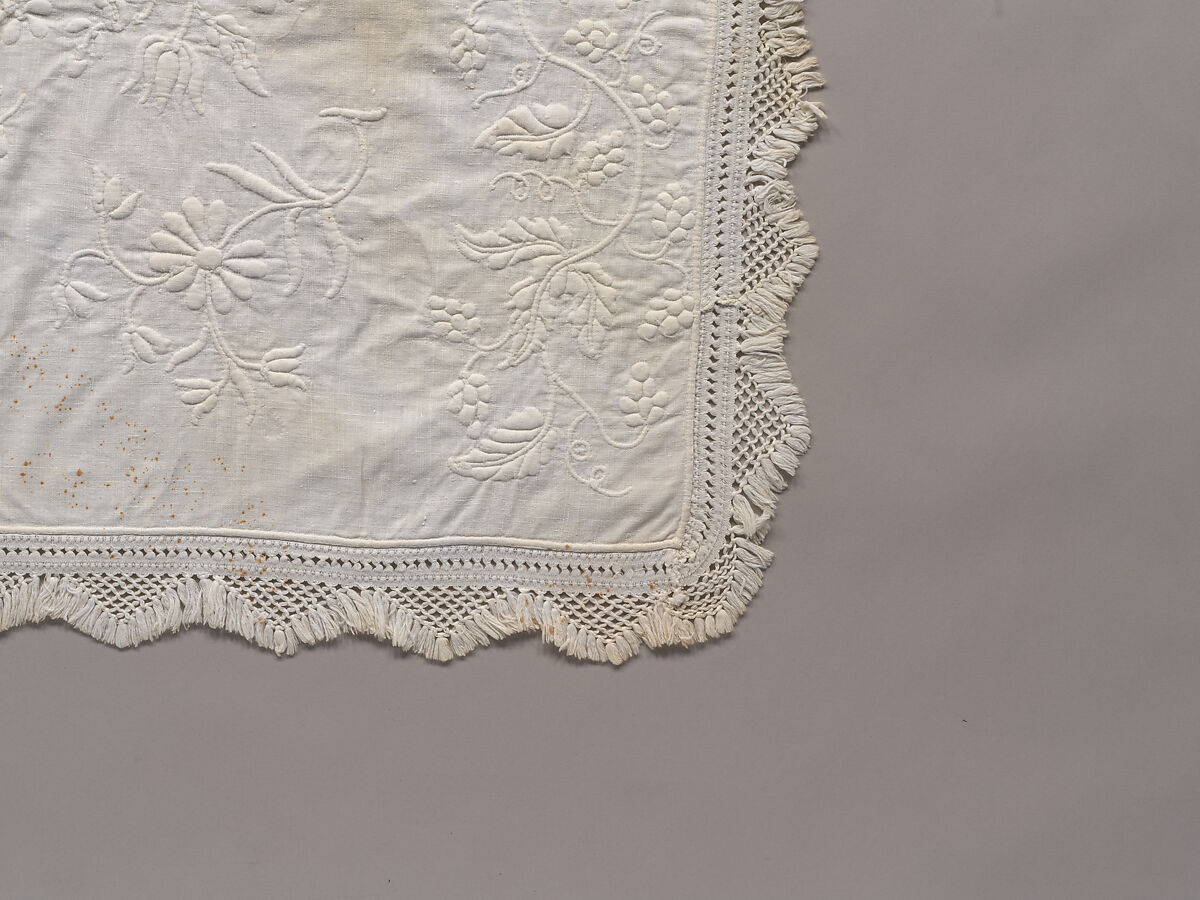 Stuffed and corded crib quilt, Linen, cotton: "whitework" stuffed and corded, probably English