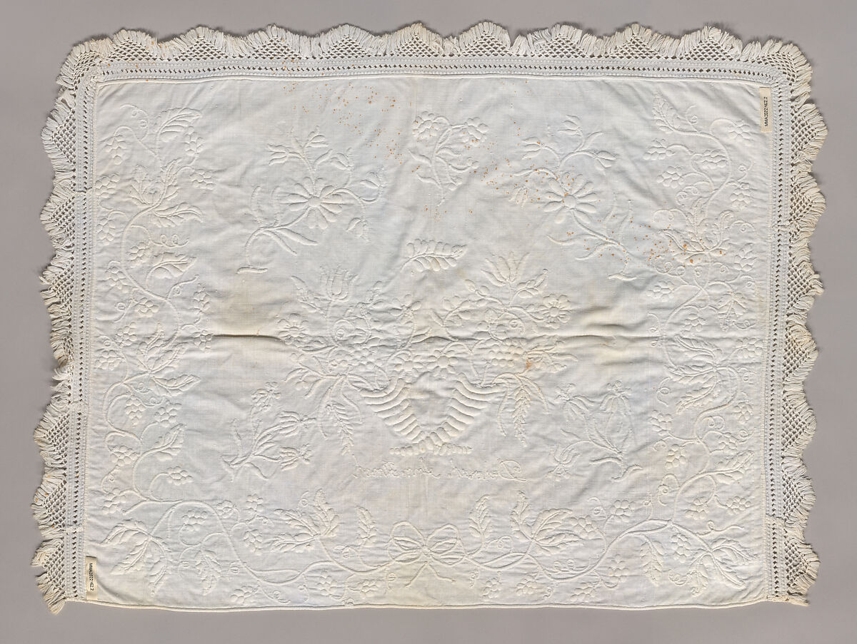 Stuffed and corded crib quilt, Linen, cotton: "whitework" stuffed and corded, probably English