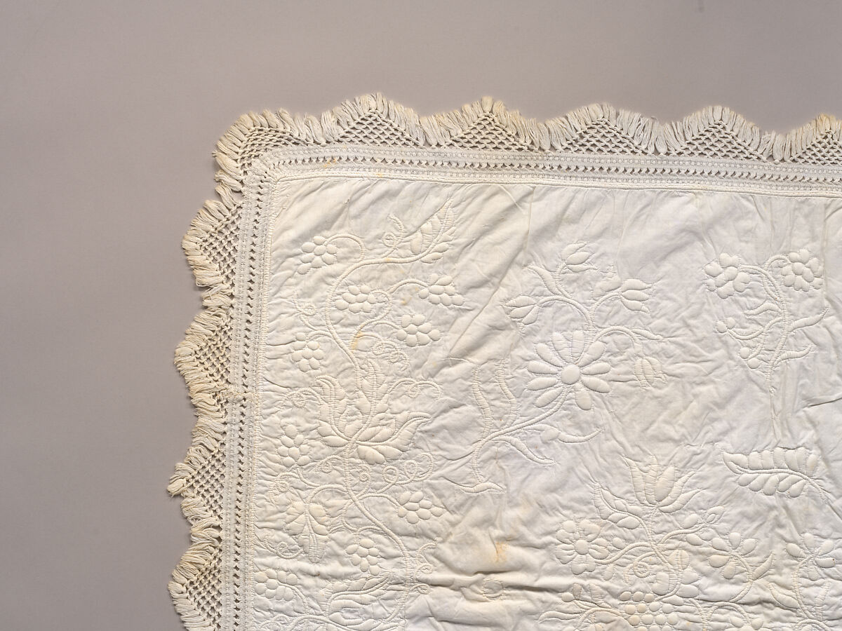 Stuffed and corded crib quilt, Linen, cotton: "whitework" stuffed and corded, probably English