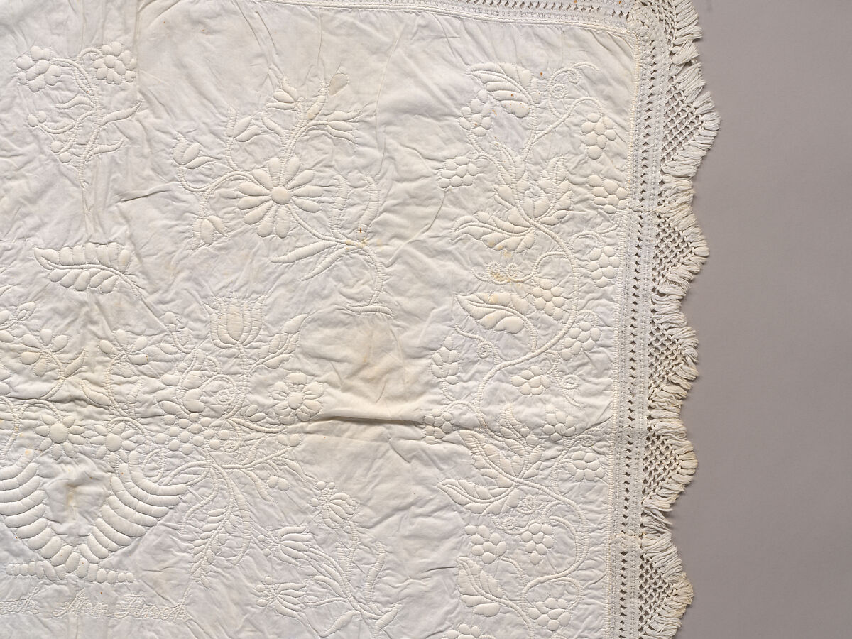 Stuffed and corded crib quilt, Linen, cotton: "whitework" stuffed and corded, probably English