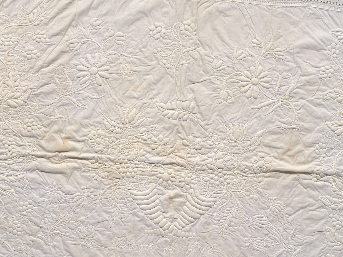 Stuffed and corded crib quilt, Linen, cotton: "whitework" stuffed and corded, probably English