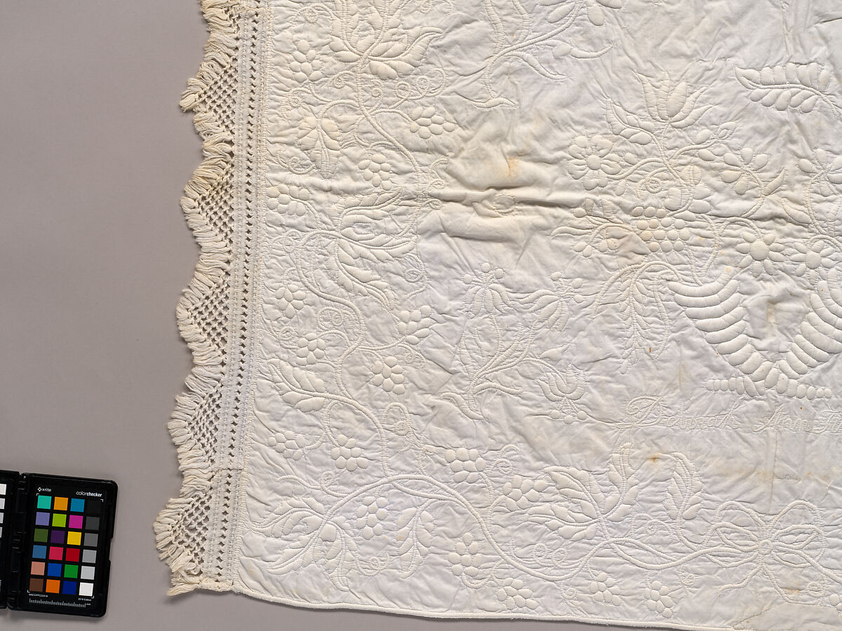 Stuffed and corded crib quilt, Linen, cotton: "whitework" stuffed and corded, probably English