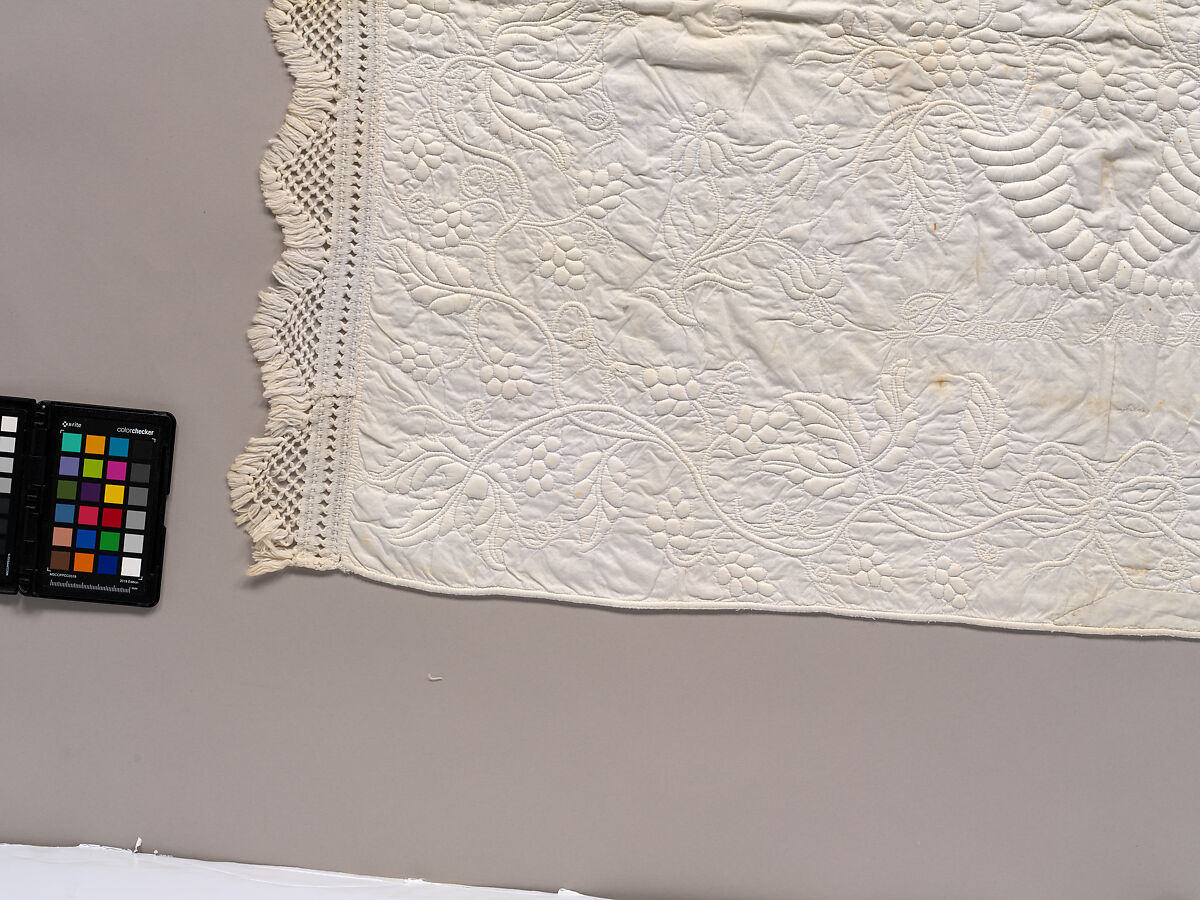 Stuffed and corded crib quilt, Linen, cotton: "whitework" stuffed and corded, probably English