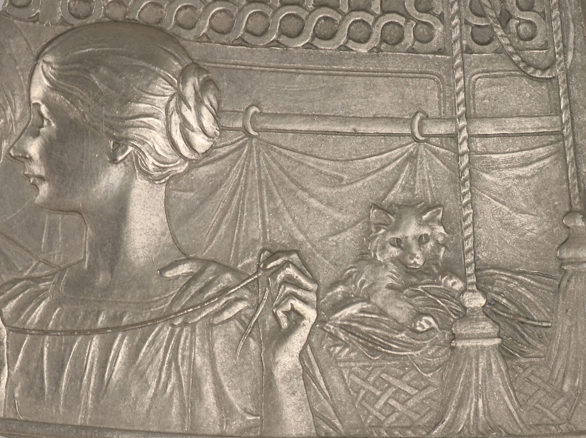 Relief moulded metal plaque for sewing box, Frédéric Charles Victor de Vernon (French, Paris 1858–1912 Paris), Electrotype: nickel over copper, French