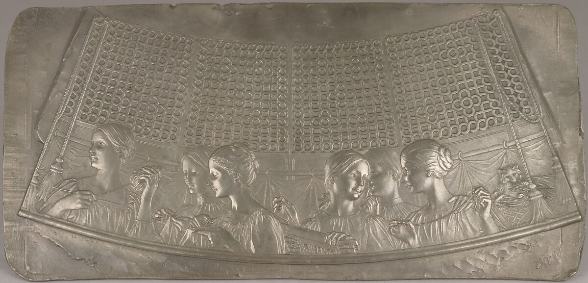 Relief moulded metal plaque for sewing box, Frédéric Charles Victor de Vernon (French, Paris 1858–1912 Paris), Electrotype: nickel over copper, French 