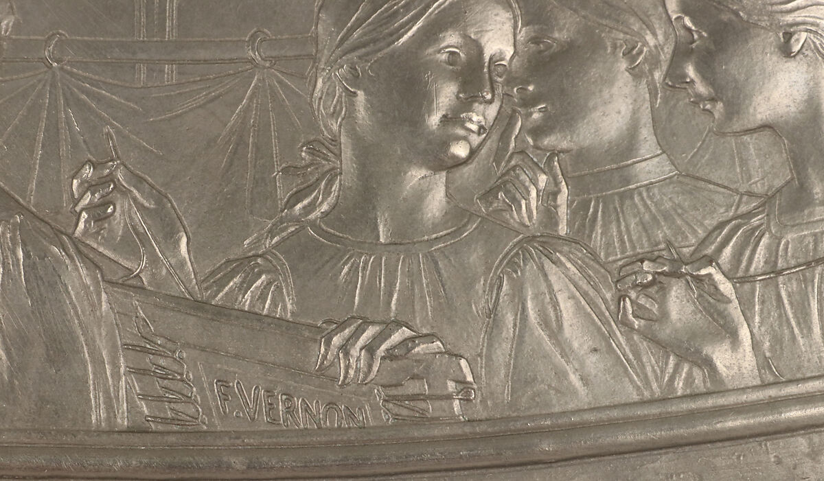 Relief moulded metal plaque for sewing box, Frédéric Charles Victor de Vernon (French, Paris 1858–1912 Paris), Electrotype: nickel over copper, French