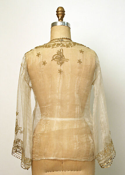 Blouse, Silk, metal wrapped thread, sequins; embroidered