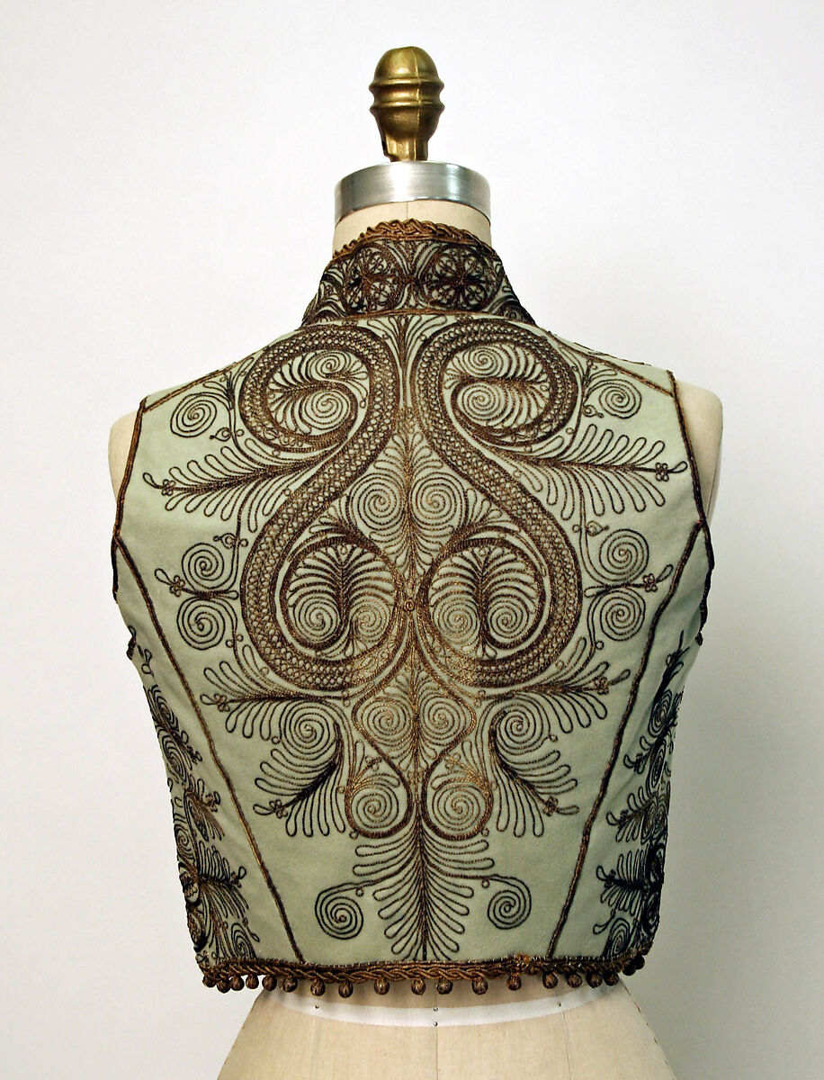 Vest, Wool, metal wrapped thread; embroidered