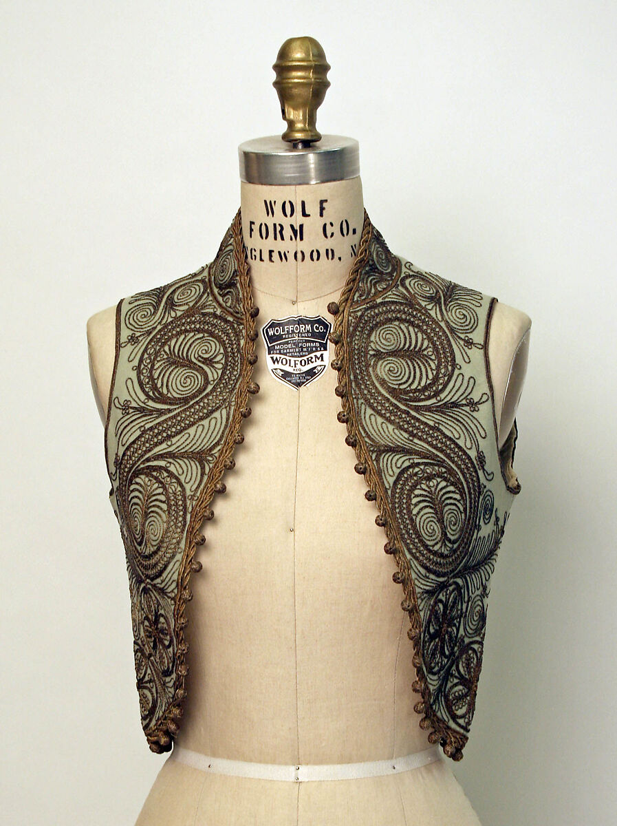 Vest, Wool, metal wrapped thread; embroidered 