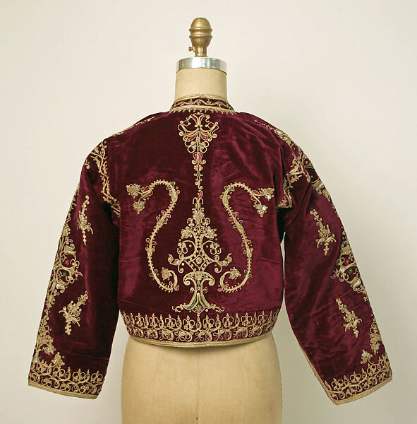 Ensemble, Velvet, silk, metal wrapped thread; embroidered