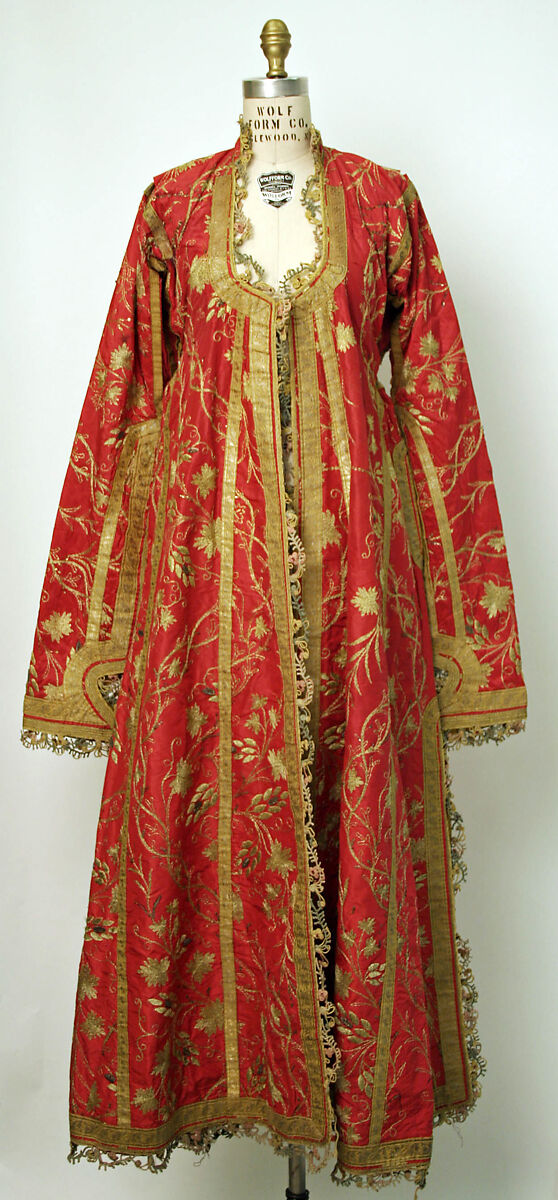 Uçetek Entari or Three-Skirt Robe, Silk; embroidered with couching of laid metallic thread wrapped around silk; metallic sequins 
