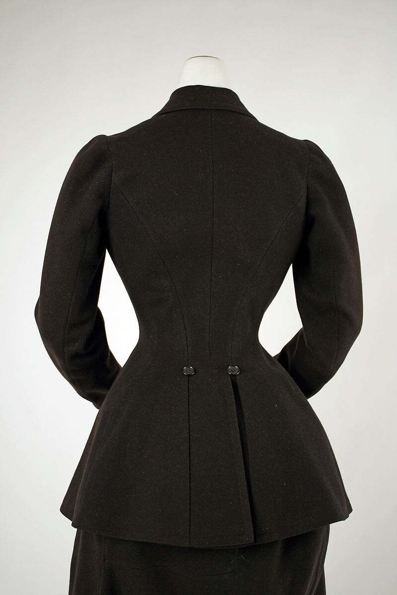 Riding habit, Made by T. Miller &amp; Sons, New York (American), (a,b) wool
(c,d) silk
(e) cotton, American