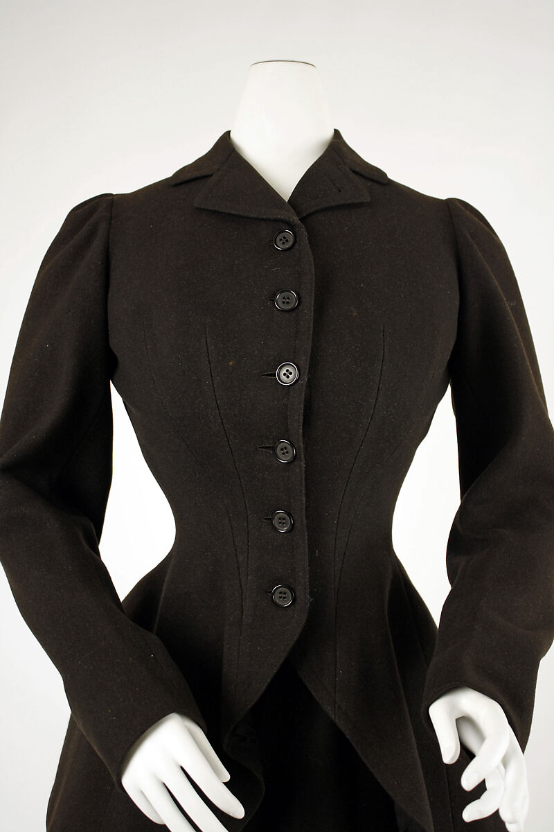 Riding habit, Made by T. Miller &amp; Sons, New York (American), (a,b) wool
(c,d) silk
(e) cotton, American