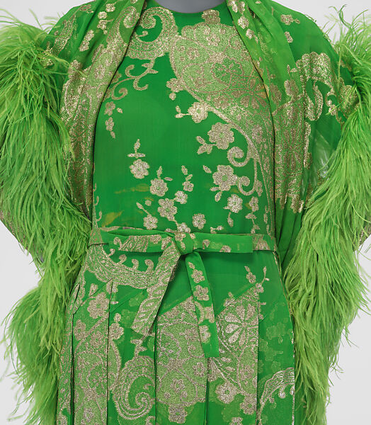 Evening ensemble, (a–c) House of Dior (French, founded 1946), a,b) silk, metallic thread
c) feathers
d,e) leather, French