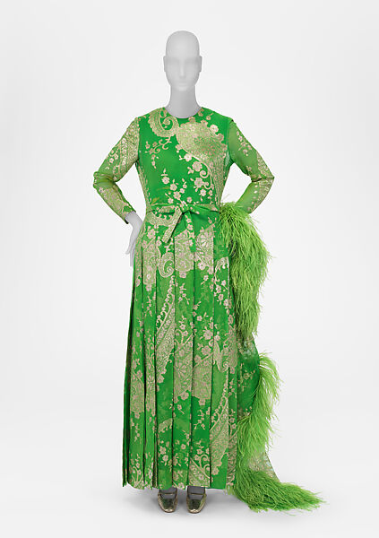 Evening ensemble, (a–c) House of Dior (French, founded 1946), a,b) silk, metallic thread
c) feathers
d,e) leather, French