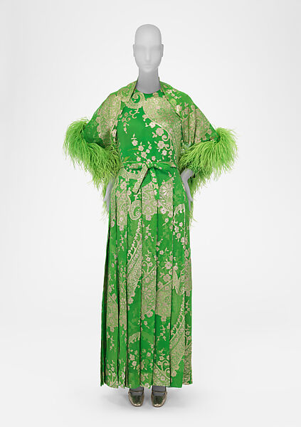 Evening ensemble, (a–c) House of Dior (French, founded 1946), a,b) silk, metallic thread
c) feathers
d,e) leather, French 