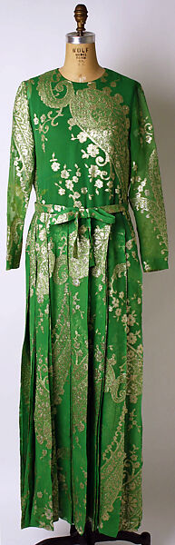 Evening ensemble, (a–c) House of Dior (French, founded 1946), a,b) silk, metallic thread
c) feathers
d,e) leather, French