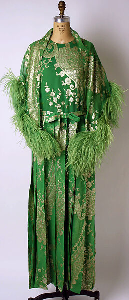 Evening ensemble, (a–c) House of Dior (French, founded 1946), a,b) silk, metallic thread
c) feathers
d,e) leather, French