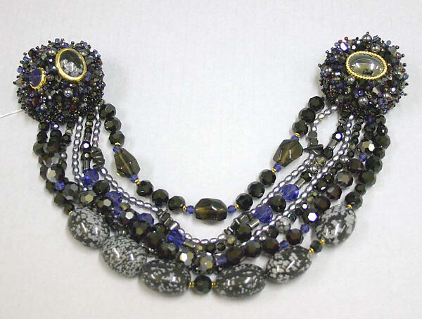 Ensemble, (a–c) House of Chanel (French, founded 1910), (a) wool, silk; (b) leather; (c) jewel, jet, agate, pearl; (d, e) linen, French