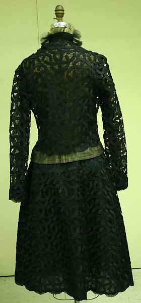 Evening ensemble, House of Balmain (French, founded 1945), (a, b) straw, silk; (c, d) silk; (e, f) leather, silk, French