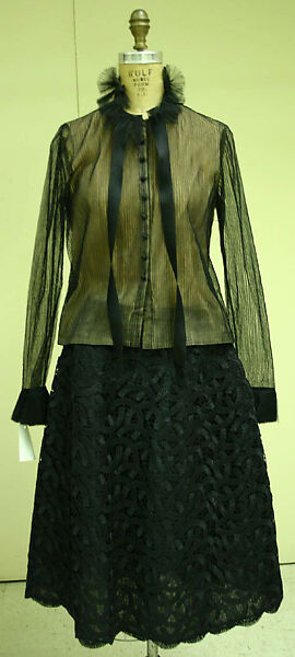 Evening ensemble, House of Balmain (French, founded 1945), (a, b) straw, silk; (c, d) silk; (e, f) leather, silk, French
