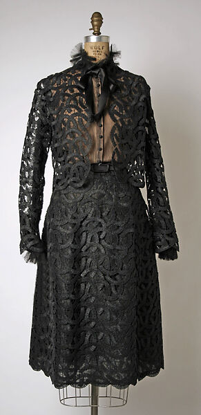 Evening ensemble, House of Balmain (French, founded 1945), (a, b) straw, silk; (c, d) silk; (e, f) leather, silk, French 