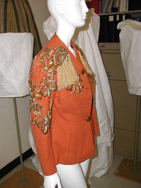 Evening jacket, Elsa Schiaparelli (Italian, 1890–1973), wool, plastic, metallic thread, glass, French