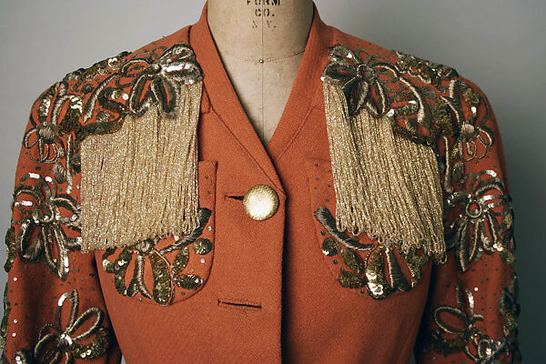 Evening jacket, Elsa Schiaparelli (Italian, 1890–1973), wool, plastic, metallic thread, glass, French