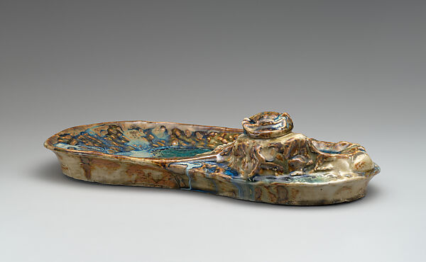 Inkwell with seaweed and a small crab, Henry Nocq (French, 1869–1942), Glazed stoneware, French, Paris