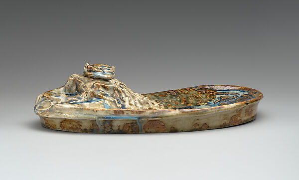 Inkwell with seaweed and a small crab, Henry Nocq (French, 1869–1942), Glazed stoneware, French, Paris