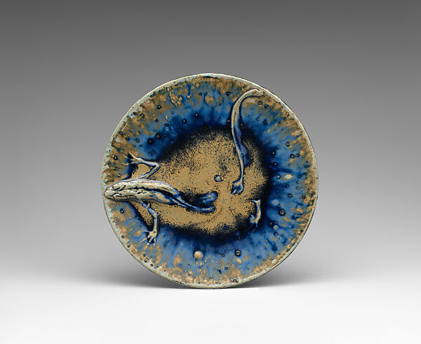 Plaque with lizard, Pierre Roche (pseudonym of Fernand Massignon) (1855–1922), Glazed stoneware, French 