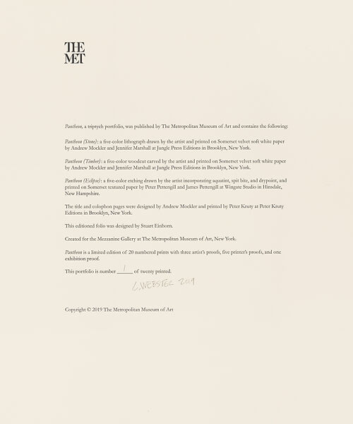 Pantheon  (Stone, Timber, Eclipse), Chuck Webster (American, born Binghamton, New York, 1970), Triptych consisting of a five-color lithograph, five color-woodcut, and five-plate etching with aquatint, spit bite and drypoint on Somerset paper