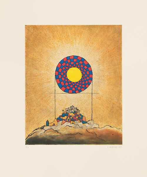 Pantheon  (Stone, Timber, Eclipse), Chuck Webster (American, born Binghamton, New York, 1970), Triptych consisting of a five-color lithograph, five color-woodcut, and five-plate etching with aquatint, spit bite and drypoint on Somerset paper