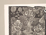 A Monkey Mountain Kronikle, Tom Hück (American, born 1971), Woodcut, printed recto and verso on four sheets of Torinoko Japanese Paper using Tom Hück's Outlaw Black Relief Ink by Gamblin and an overleaf printed on black paper with white ink; the three leaves of the triptych connected with stickers