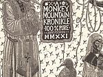 A Monkey Mountain Kronikle, Tom Hück (American, born 1971), Woodcut, printed recto and verso on four sheets of Torinoko Japanese Paper using Tom Hück's Outlaw Black Relief Ink by Gamblin and an overleaf printed on black paper with white ink; the three leaves of the triptych connected with stickers