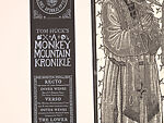A Monkey Mountain Kronikle, Tom Hück (American, born 1971), Woodcut, printed recto and verso on four sheets of Torinoko Japanese Paper using Tom Hück's Outlaw Black Relief Ink by Gamblin and an overleaf printed on black paper with white ink; the three leaves of the triptych connected with stickers
