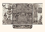 A Monkey Mountain Kronikle, Tom Hück (American, born 1971), Woodcut, printed recto and verso on four sheets of Torinoko Japanese Paper using Tom Hück's Outlaw Black Relief Ink by Gamblin and an overleaf printed on black paper with white ink; the three leaves of the triptych connected with stickers